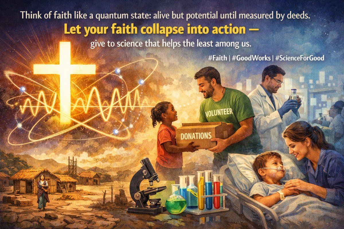 SalariesScience's tweet photo. Think of faith like a quantum state: alive but potential until measured by deeds. Let your faith collapse into action — give to science that helps the least among us. https://t.co/hPyldc6Yq9 #Faith #GoodWorks #ScienceForGood https://t.co/3QvN3jSDmv