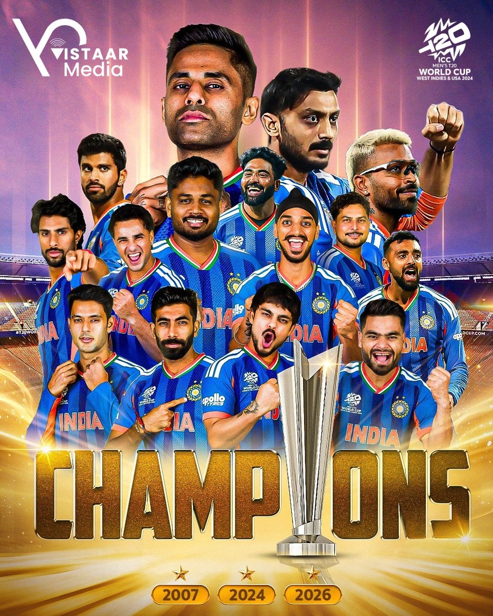 DdayPlanner's tweet photo. Champions once again! 🇮🇳🏆
From 2007 to 2024 to 2026 – Team India continues to rule the T20 world.
Pride, passion, and unstoppable cricketing spirit! 🔥

#TeamIndia #T20WorldCup #WorldChampions #BleedBlue #IndianCricket #Champions #CricketFans #Victory #T20Cricket #IndiaWins https://t.co/pc35kBToRu
