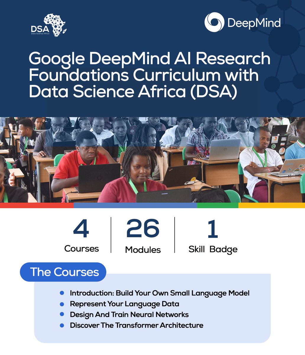 DSA is delivering the <a href="/GoogleDeepMind/">Google DeepMind</a> AI Research Foundations curriculum across 15 African universities, empowering  students in applied AI and ML

Participants who complete the program will be eligible for travel support to attend DSA '26 in Kampala 

🔗: shorturl.at/hgZME