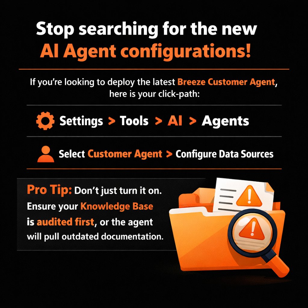 SaleemRevops's tweet photo. Stop searching for AI Agent settings.

 Navigation: Settings > Tools > AI > Agents → Select Customer Agent → Configure Data Sources.

 Pro Tip: Audit your Knowledge Base first—otherwise the agent may use outdated documentation. 

#HubSpotTips #BreezeAI #HubSpotExpert https://t.co/cTJSIYMQKR