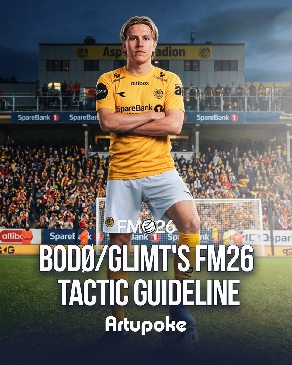 Rtupoke's tweet photo. Masih mikir taktik underdog harus parkir bus? 

Salah besar.

Panduan ini menunjukkan Bodø/Glimt di FM26 justru main berani dengan 4-3-3, hasilnya di pengujian: 104 gol, cuma 13 kebobolan, juara liga dan piala

..plus tembus semifinal Liga Champions! https://t.co/gJ54YscGJO