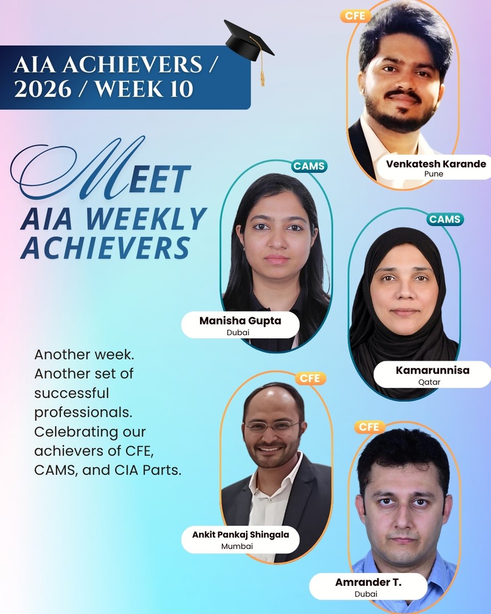 AcademyAudit's tweet photo. Presenting AIA Weekly Achievers | 2026 | Week 10๐
Another week of determined professionals moving one step closer to global recognition.๐
#AIAAchievers #CFE #CAMS #CIA #AIAAchievers #Success #WeeklyAchievers #AML #Compliance #CareerGrowth #ProfessionalCertifications https://t.co/6RZhSTM3Ku
