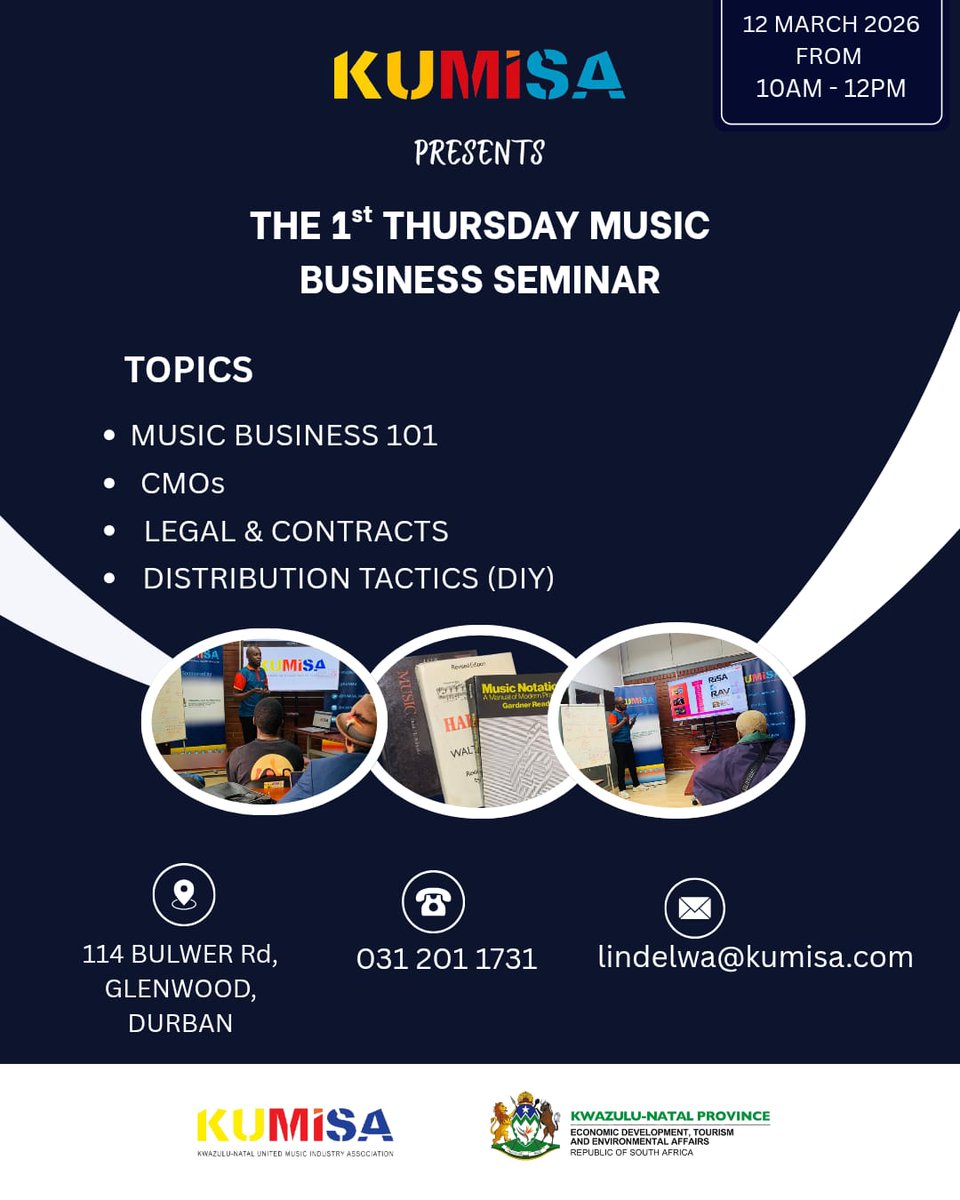 KUMISA_Network's tweet photo. KUMISA invites music industry enthusiasts to the 1st Thursday Music Business Workshop, which will explore the business side of the music industry. The workshop will cover topics such as Music Business 101 &amp; CMOs.

📧RSVP: lindelwa@kumisa.com
☎️ Contact: 031 201 1731

#KUMISA https://t.co/yXeg0YROyZ