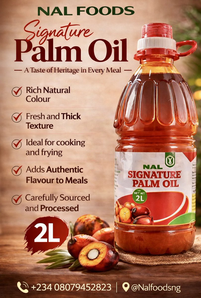NalfoodsNG's tweet photo. NAL Signature Palm Oil brings:

✨ Rich colour
✨ Authentic flavour
✨ Perfect cooking texture

Whether you are frying, making stew, or preparing family meals — NAL Palm Oil delivers every time.

Available now @ N6,000

📞 +234 807 945 2823

#NALFoods #PalmOil #CookingMadeBetter #NaijaCooking #TasteOfHeritage