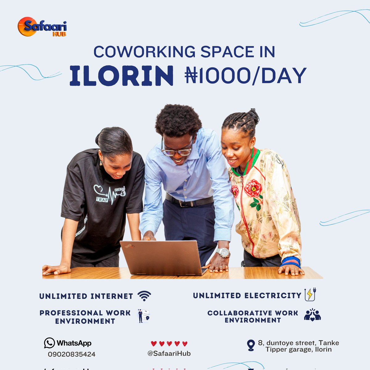 Invisiblee22's tweet photo. Work smart, Work Better 😍

✨ Fast &amp; Unlimited Internet
⚡ Steady Power Supply
🤝 Comfortable &amp; Collaborative Environment

💼 Only ₦1000/day

📍 8, Duntoye Street, Tanke (Tipper Garage), Ilorin

📲 WhatsApp: 09020835424

Safaari Hub — One Hub, Endless Possibilities. ✨ https://t.co/lXBnMgzMse
