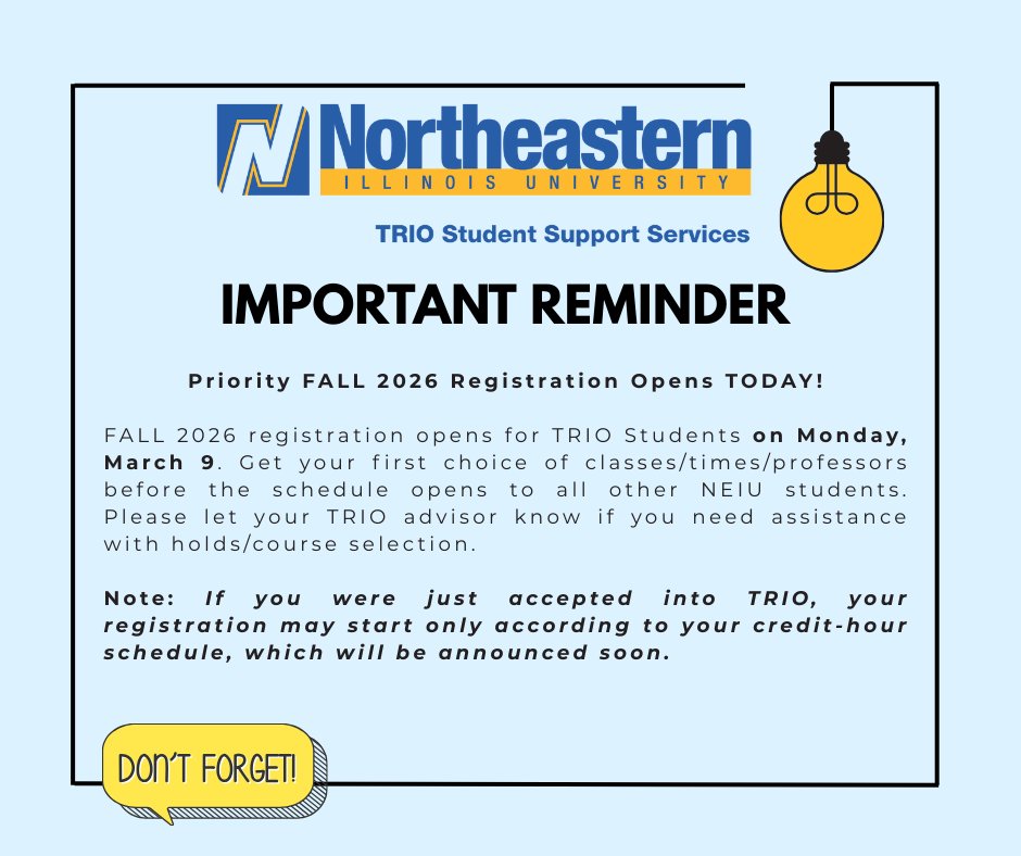 NEIUTRIO's tweet image. Fall Priority Registration is today!✨

Choose the classes, professors, and schedule that work best for you. If you need help with holds or course selection, reach out to your TRIO advisor. 🤝

Newly accepted TRIO students may follow the regular registration schedule.

#TRIOSSS