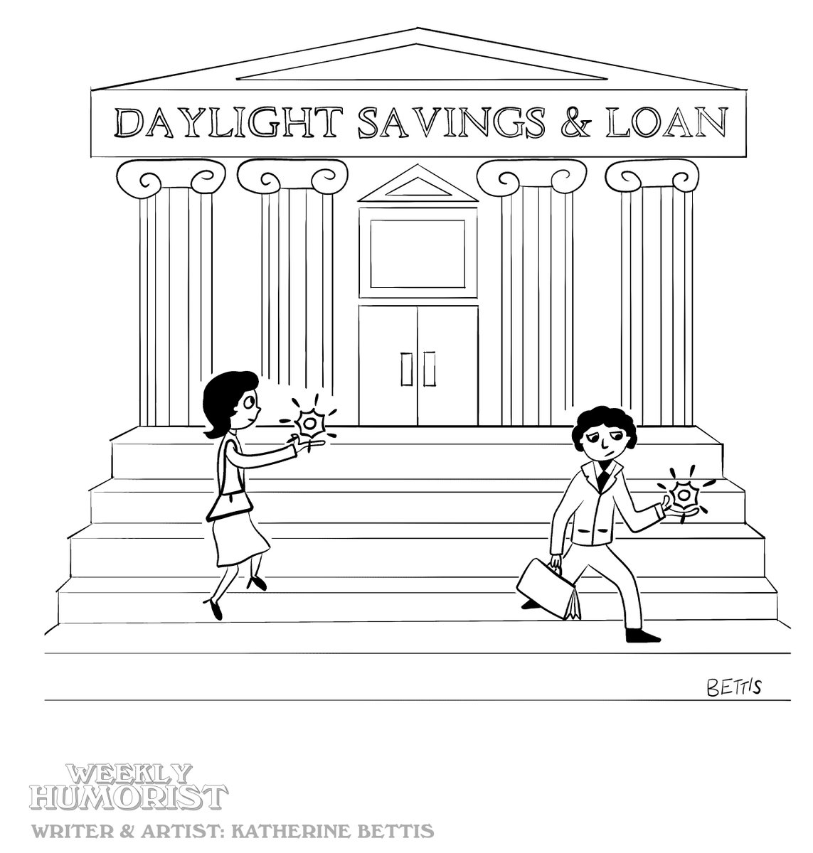 WeeklyHumorist's tweet image. ⏰🌞Borrowed Time. Today's cartoon by Katherine Bettis. weeklyhumorist.com/cartoon-borrow… Need to lose a few hours scrolling some laughs? Subscribe to Weekly Humorist! weeklyhumorist.com/subscriptions/ 

#cartoons #daylightsavingstime #springforward #monday