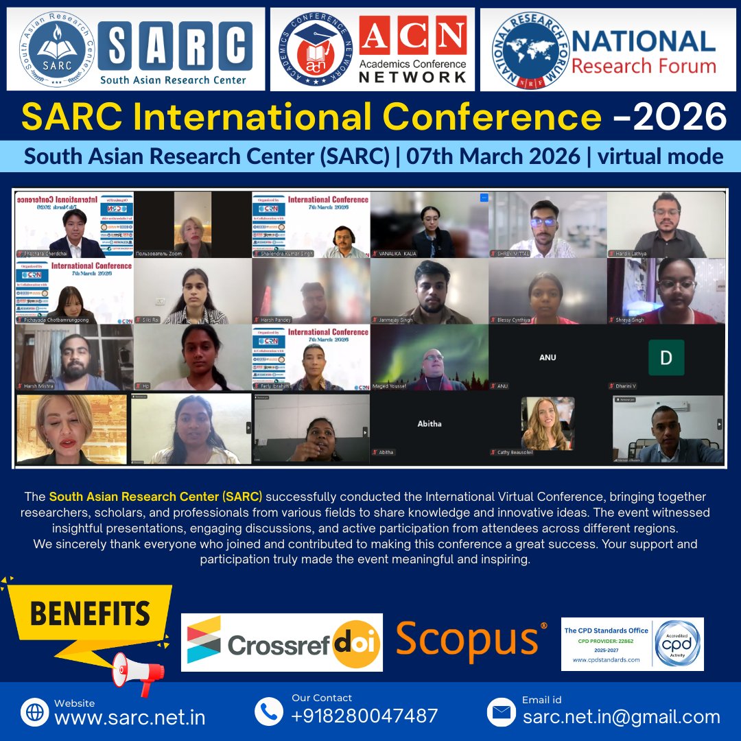 SARCCONFERENCE's tweet photo. The South Asian Research Center (SARC) successfully conducted the International Virtual Conference, bringing together researchers, academicians, and professionals from around the world to share their knowledge, research, and innovative ideas. 

#SARC #InternationalConference https://t.co/71VMbfviF8