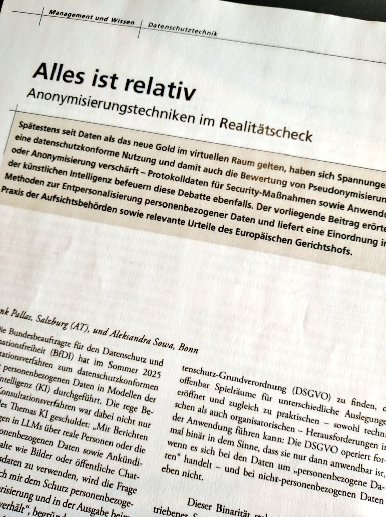kryptomania84's tweet image. In &amp;lt;kes&amp;gt; 1/2026: „Alles ist relativ: Anonymisierungstechniken im Realitätscheck“ von Frank Pallas &amp;amp; mir.
Darin ua: Wie belastbar sind technische Garantien wirklich? Was erwartet der Gesetzgeber - was die Aufsicht?
kes-informationssicherheit.de/print/titelthe…
#Entpersonalisierung #Datenschutz #dsgvo