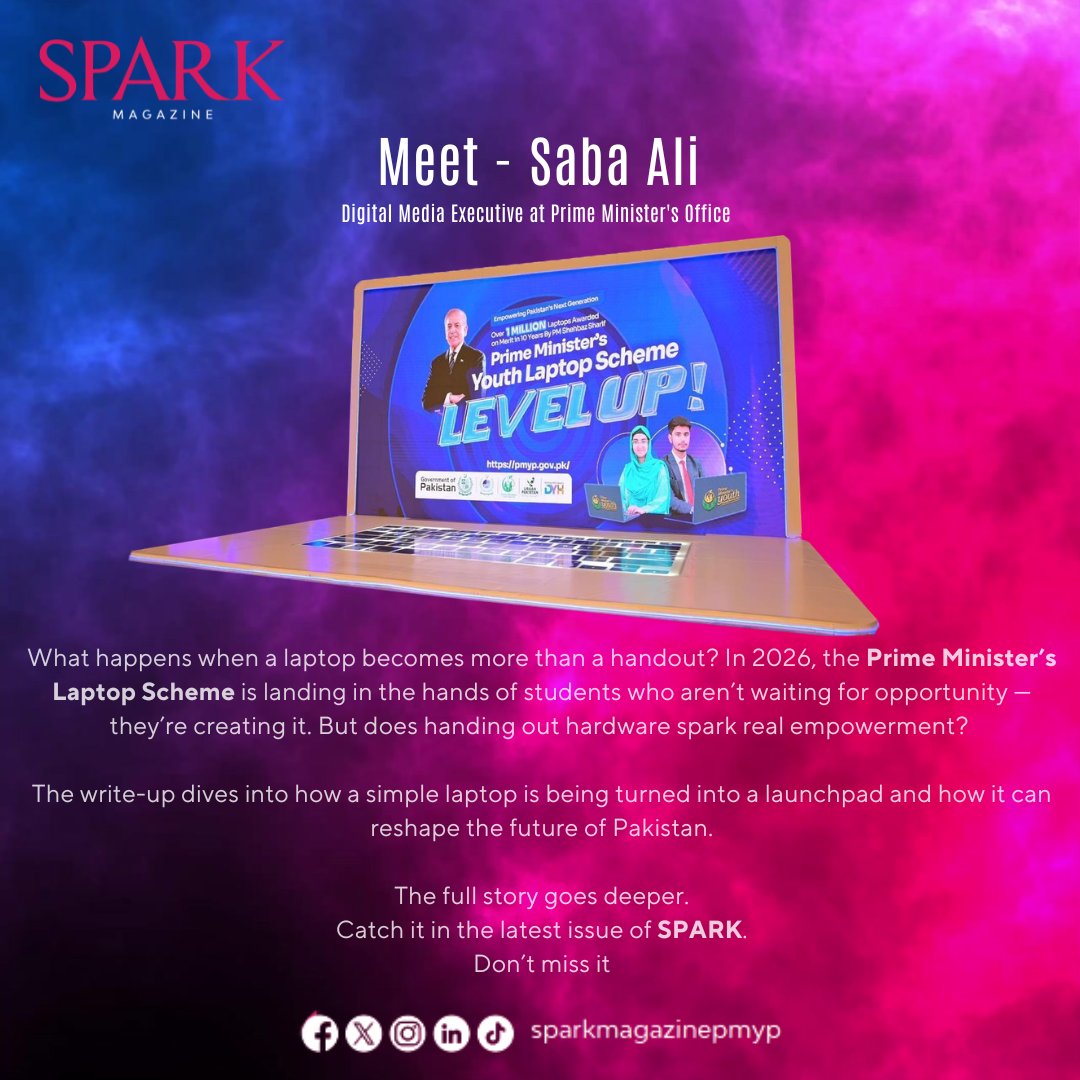 Meet the contributor – Saba Ali 🌟

A publication of the Prime Minister's Youth Programme

🎯 Showcasing talent | 💡 Sharing innovation | 🌟 Celebrating YOU

Download Now : pmyp.gov.pk/spark

#SPARK #SPARKMAGAZINE #PMYP #PMsYouthProgram #youthheroes