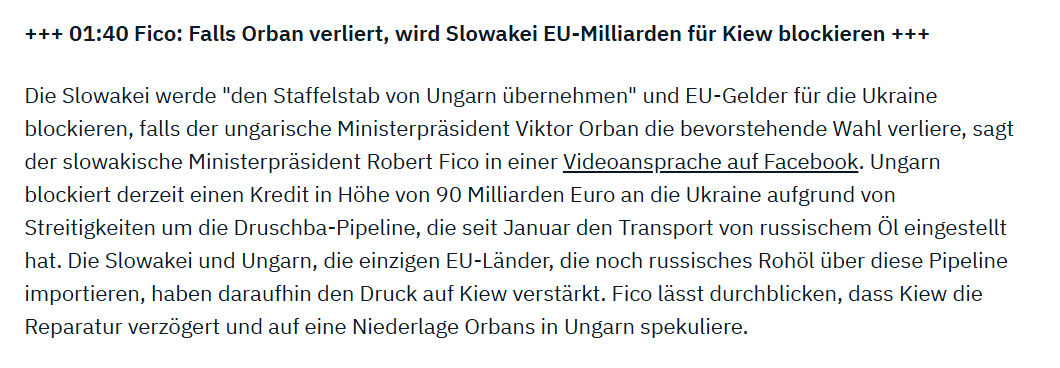 Sein Land ist halb so groß wie Bayern. NRW hat dreimal so viele Einwohner.
Robert Fico kann trotzdem 90 Milliarden EU-Darlehen für die Ukraine blockieren. Allein. Per Veto.
Und er kündigt es offen an: Sollte Orbán im April die Wahl verlieren. 
Dann übernimmt die Slowakei „den