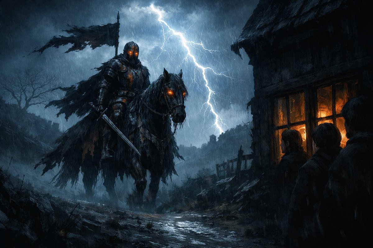 Edvane67's tweet image. #vss365 When #lightning split the sky above the town, the ghost knight rode again. Armour rusted, banner torn, eyes burning through a hollow helm. They all knew the truth. He was not guarding the road. He was still hunting the one who betrayed him #Edvane #DarkFantasy