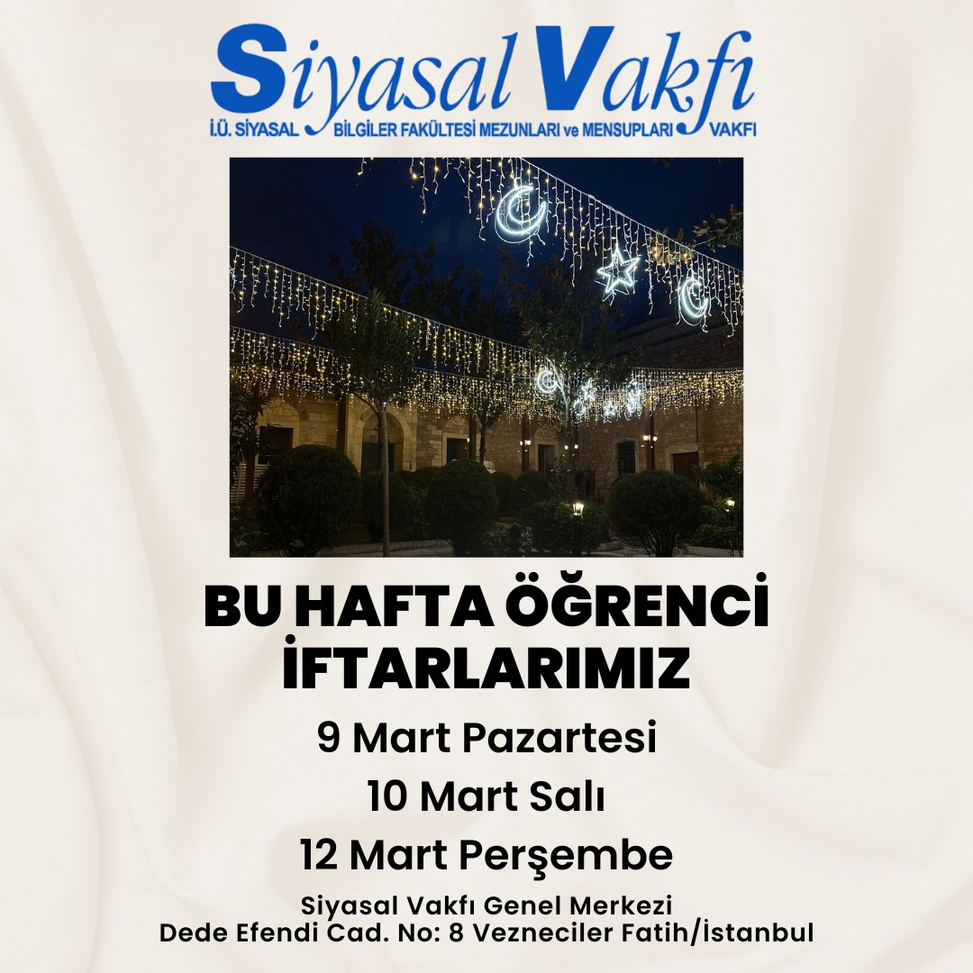 Hayırlı Ramazanlar

Bu haftanın öğrenci iftarlarına, heyecanla öğrencilerimizi bekliyoruz.

🗓️ 9 Mart Pazartesi
🗓️ 10 Mart Salı
🗓️ 12 Mart Perşembe

📍 Dede Efendi Cad. No: 8 Vezneciler Fatih/İstanbul