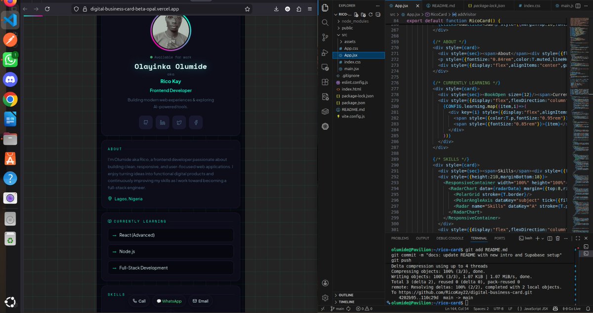 Rico_Kay0's tweet photo. What if your business card was a whole vibe? 🤔

Cyberpunk themes. Radar charts. QR code. Supabase backend. 

Live link:  https://t.co/cEIrdE7DI6

Full story on LinkedIn 🔗 https://t.co/2KgJz0Td6N

Also, I'm actively looking for a frontend role or internship. RT appreciated 🙏 https://t.co/XVW9SrGVXj