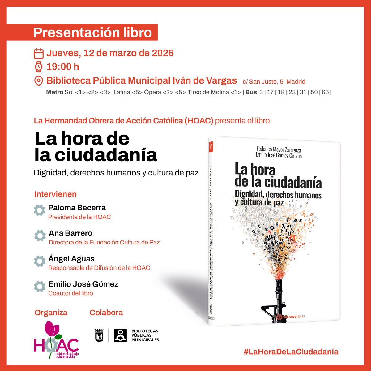 HOAC_es's tweet photo. "Generar descontento y conmoción forma parte de la estrategia de dominación de quienes detentan el poder" E. J. Gómez en #LaHoradelaCiudadanía
Dignidad, derechos humanos y cultura de paz este jueves 12-3, 19h, Biblioteca Iván de Vargas, calle San Justo, 5 (Madrid)
@FCulturadePaz https://t.co/rKCGLpasoo