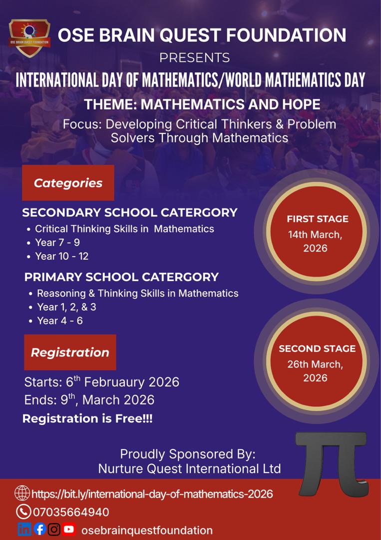 osebrainquest's tweet photo. 🥧 FINAL CALL – SCHOOL REGISTRATION! 🥧

Math lovers, this is your last chance to join the celebration of numbers! ⏰

Registration ends TODAY at 11:59 PM – don’t let this opportunity go full circle! 🔢✨

Be part of our International Day of Mathematics – Pi Day 2026 experience https://t.co/5ZLRQR5ydA