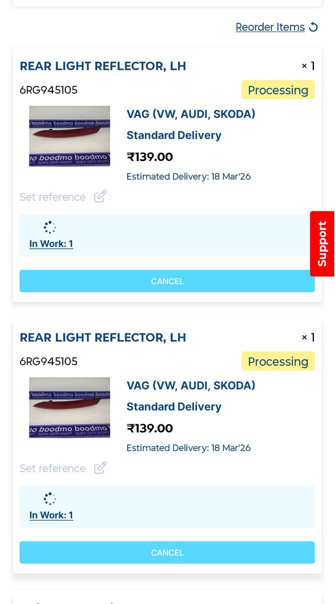 itsTheSunil's tweet photo. @boodmo_In Ordered reflector LH for my VW Polo on 31-01-2026 which got cancelled by seller on 01-03-2026. Then I ordered the same product from two different sellers (thinking either of them will ship it) on 02-03-2026. Even after a week ETA got shifted from 11th to 18th March. https://t.co/nSHGFPWBFk