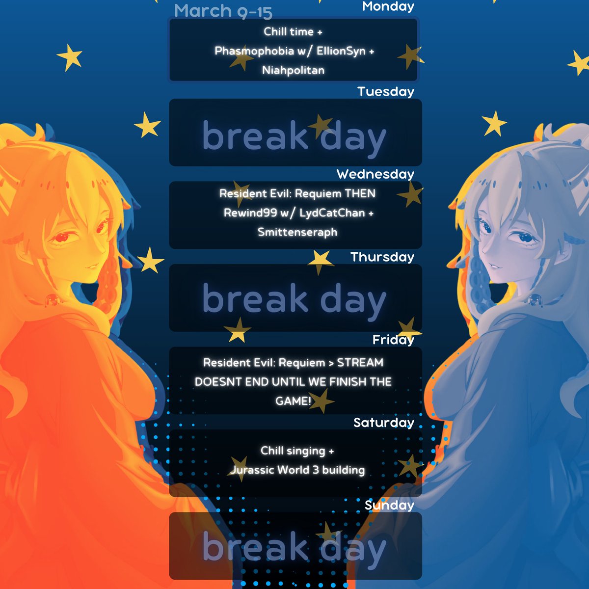 :octopus: SCHEDULE FOR THIS WEEK :octopus:
Mon: We are phasmo-ing with the wonderful <a href="/NiahPolitanVT/">niah 🍨🦊 | ice creamsune</a> + <a href="/EllionSyn/">Ellion Syn | Twitch Partner! | 😈🐉 Vtuber</a> ! NIAH IS DOING A PARTNER PUSH PLS GO SUPPORT HER!
Wed: RE9 + Rewind w/ <a href="/lydcatchan/">LydCatChan 🐱Vtuber 🐱Professional Leon Simper</a> + <a href="/SmittenSeraphim/">Sera 🧡🐾 | VTuber</a> 
Fri: WE FINISHING RE9!
Sat: Chill dino day w/ some singing