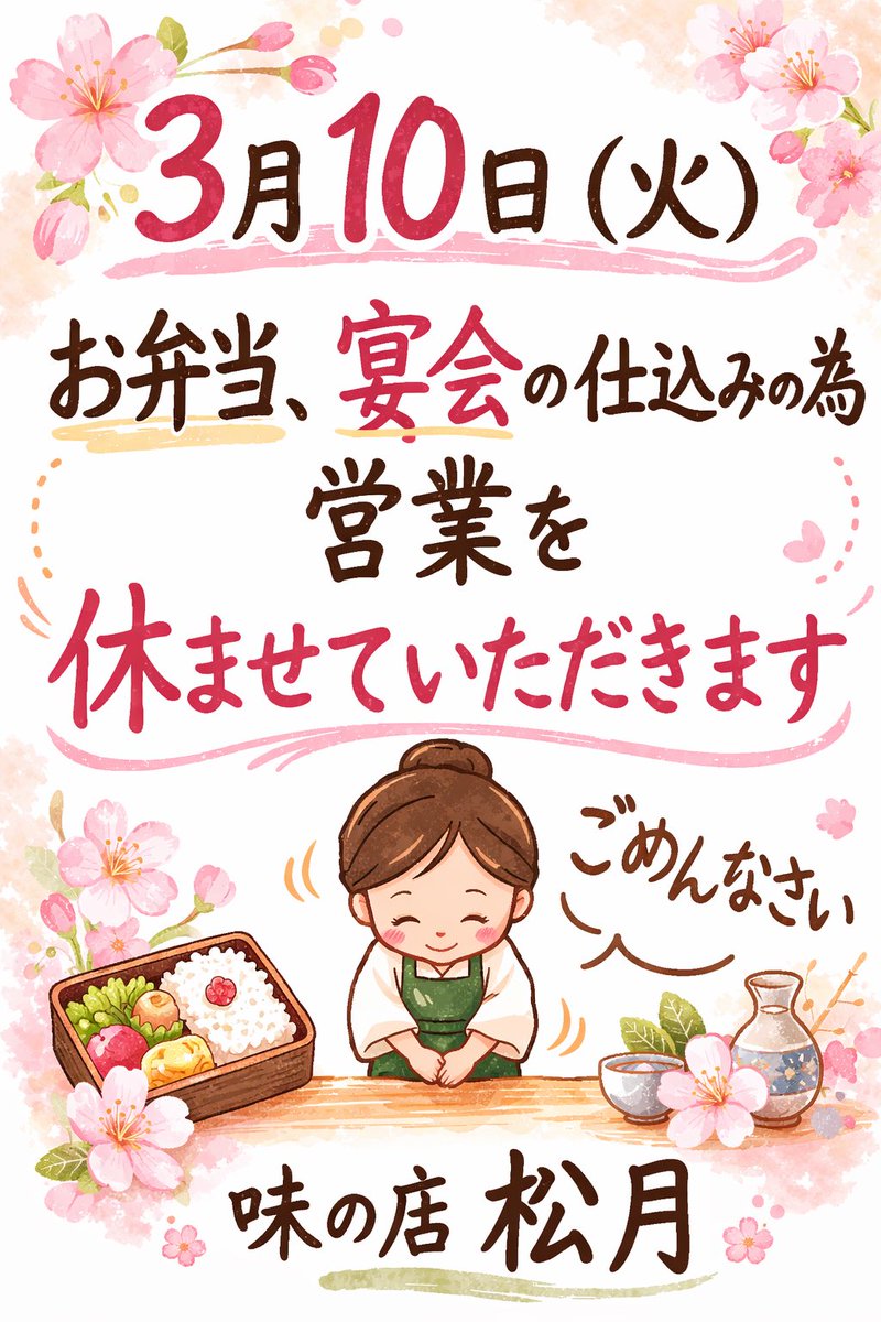 movecustom22's tweet photo. 今日はお年寄りのお弁当（1,200円お茶付き）のご注文ありがとうございました！
お知らせです
明日１０日（火）ですが、仕込みと病院の通院日なので、営業を休ませていただきます
ご予定の方は申し訳ございません🙇🏻
⁡
#味の店 #松月 #上富良野町 https://t.co/ykkxkXzkr5