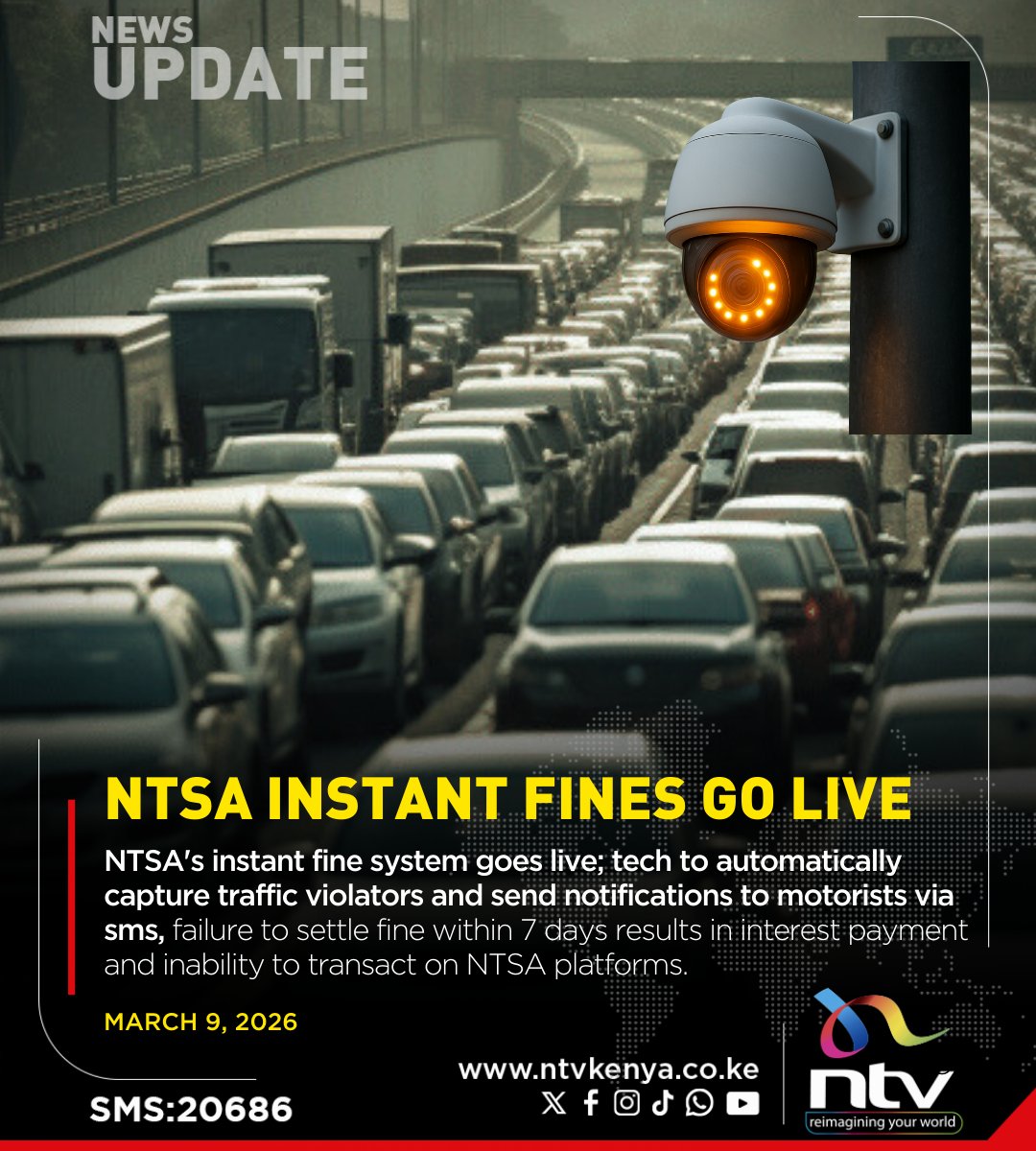 ntvkenya's tweet photo. NTSA's instant fine system goes live; tech to automatically capture traffic violators and send notifications to motorists via sms, failure to settle fine within 7 days results in interest payment and inability to transact on NTSA platforms. https://t.co/yD2u4ulioX