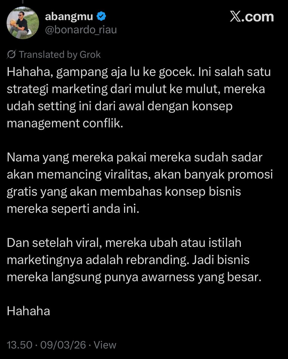 Coba lo pikir pake otak bro. 

Mereka sengaja kasih nama “NGENTOT” dan make nama2 cewek di menu biar cewek jijik, trauma, dihina massal… lo malah bilang “nanti rebranding dapet awareness gratis”.

Lo tipe cowok yang seneng banget liat perempuan dihina terus sok bilang “ini