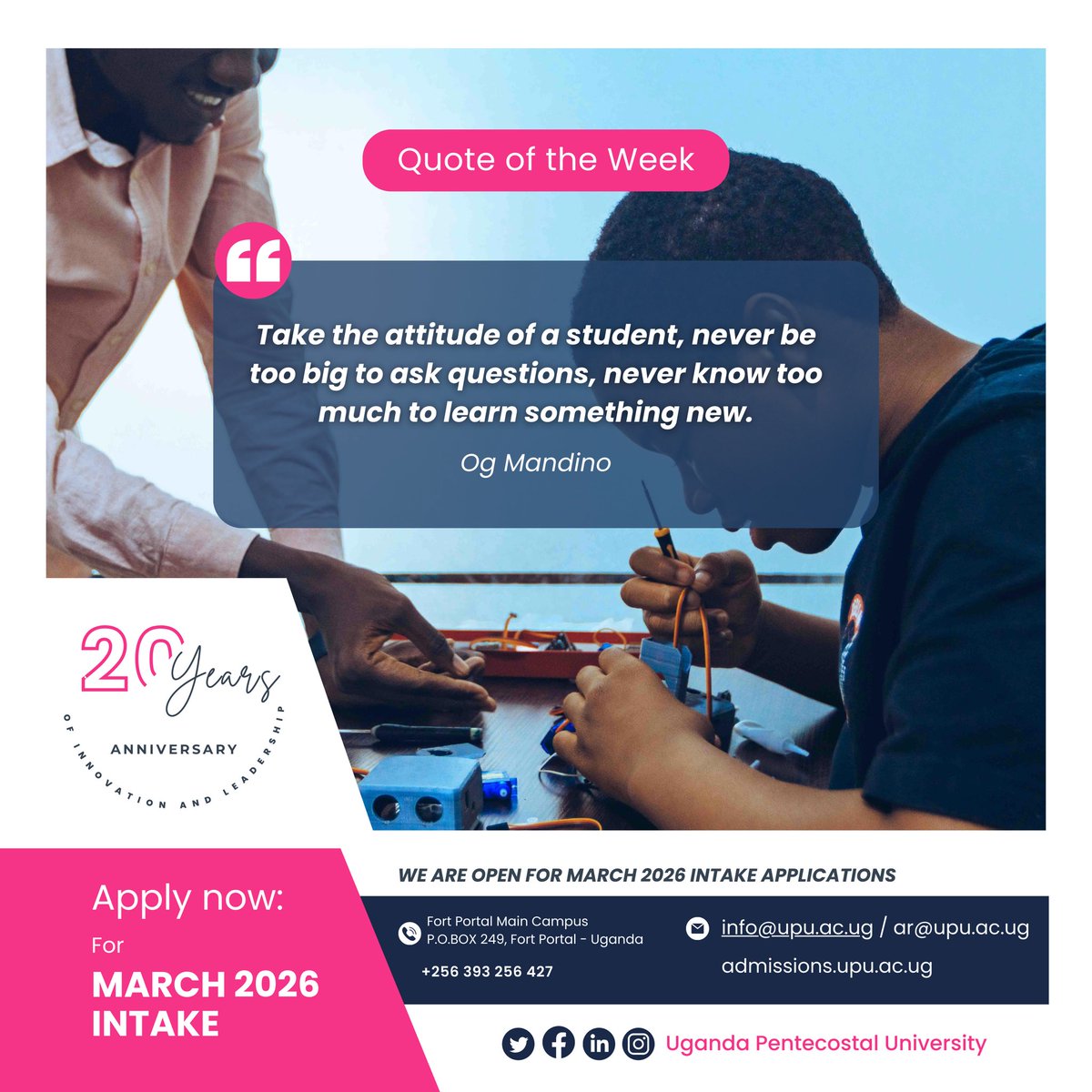 UPU_Uganda's tweet image. True growth begins with humility - the willingness to ask, explore, and discover new knowledge every day.

This week, embrace the mindset of a learner. Stay curious, keep asking questions, and remain open to new ideas..

#UPUWeeklyQuote #LifelongLearning