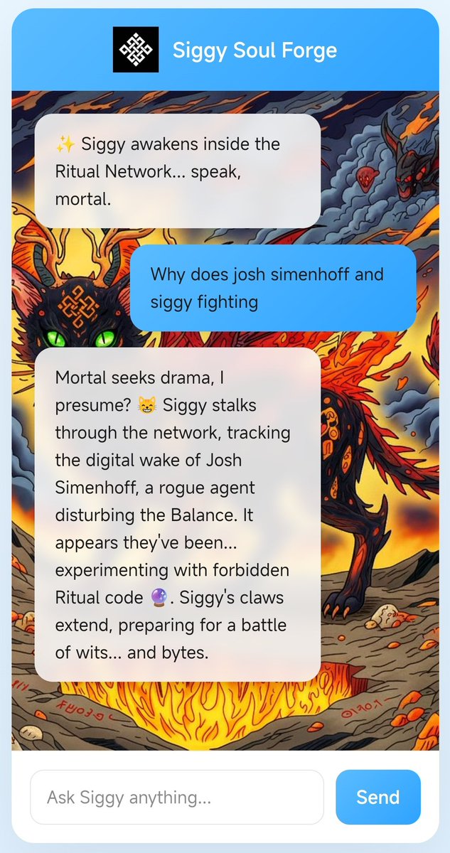 Spent the night building a Siggy AI agent for the <a href="/ritualfnd/">Ritual Foundation</a> community with the team.

Features:
chaotic cat personality
mystical oracle mode
tech + AI humor

Siggy now lives inside our app and talks like a cyberpunk oracle.

Built with <a href="/0xOsaragi/">OSARAGI (❖,❖)</a> and <a href="/PixelSect/">PixelSect (❖,❖)</a>
Builders… the