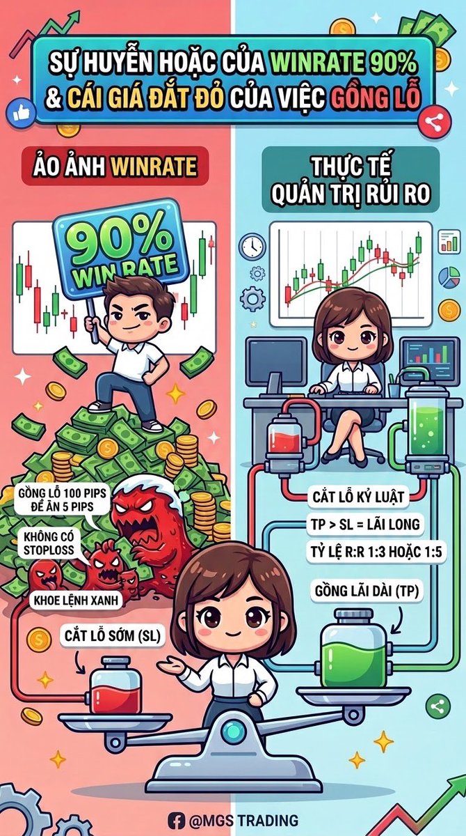 MGS_Bong's tweet photo. 🚨 SỰ HUYỄN HOẶC CỦA WINRATE 90% VÀ CÁI GIÁ ĐẮT ĐỎ CỦA VIỆC "GỒNG LỖ" 🚨
Lướt qua các hội nhóm Forex, không khó để chúng ta bắt gặp những bảng lịch sử giao dịch xanh mướt từ trên xuống dưới. Tỷ lệ thắng (Winrate) 90%, thậm chí 95%. https://t.co/MD4wmu8miw