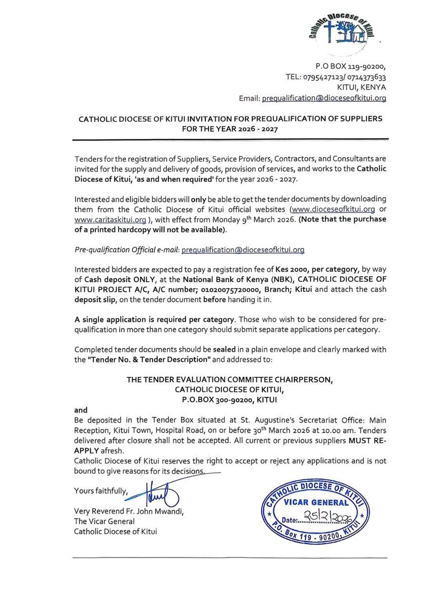 CaritasKitui's tweet photo. REGISTRATION/PRE QUALIFICATION OF SUPPLIERS FOR THE YEAR 2026/2027.

Visit https://t.co/CpR0n6pf0b to download the tender document.

Deadline: 30th March 2026 at 10:00 am.
#IamCaritasKitui https://t.co/fcZihOzBI7