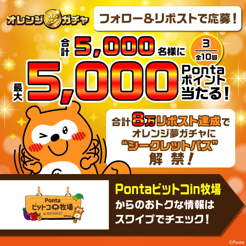 Ponta's tweet photo. ／
オレンジ夢ガチャ
フォロー＆リポストキャンペーン3日目！
＼

合計5,000名様に
最大5,000Pontaポイントがその場で当たる🎯

▼応募方法
①@Pontaをフォロー
②この投稿をリポスト
③画像をタップして結果を確認

さらに、Pontaビットコin牧場からのおトク情報も！
詳しくは画像をスワイプ！