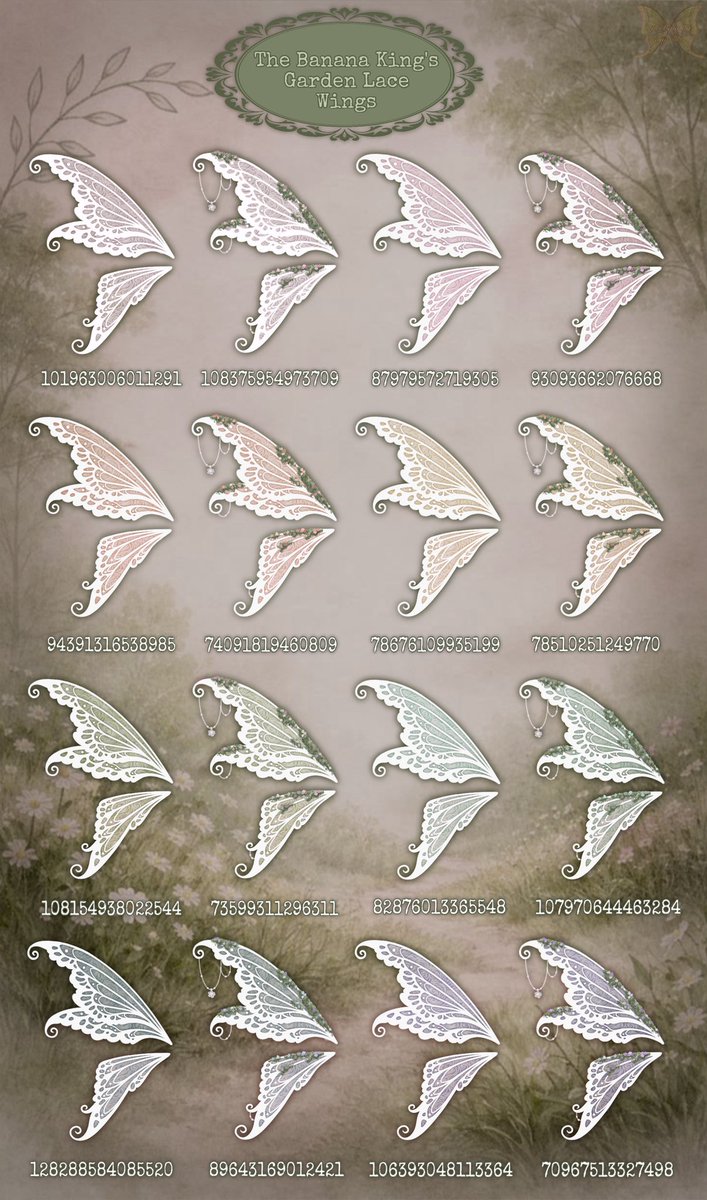 TheBananaKingRH's tweet photo. Garden Lace &amp; Nocturne Lace Wing Decals

🤍 Compatible with the Fallen Fae Wings
🩷 75% Transparency 
🤍 42 Decals in Total
🩷 18 Dark
🤍 16 Light
🩷 8 Pastel

If you’d like a custom color please feel free to comment below! As well as if you’d like them transparent or opaque! https://t.co/TR0RXtVtod