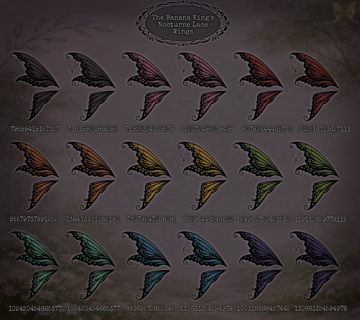 TheBananaKingRH's tweet photo. Garden Lace &amp; Nocturne Lace Wing Decals

🤍 Compatible with the Fallen Fae Wings
🩷 75% Transparency 
🤍 42 Decals in Total
🩷 18 Dark
🤍 16 Light
🩷 8 Pastel

If you’d like a custom color please feel free to comment below! As well as if you’d like them transparent or opaque! https://t.co/TR0RXtVtod