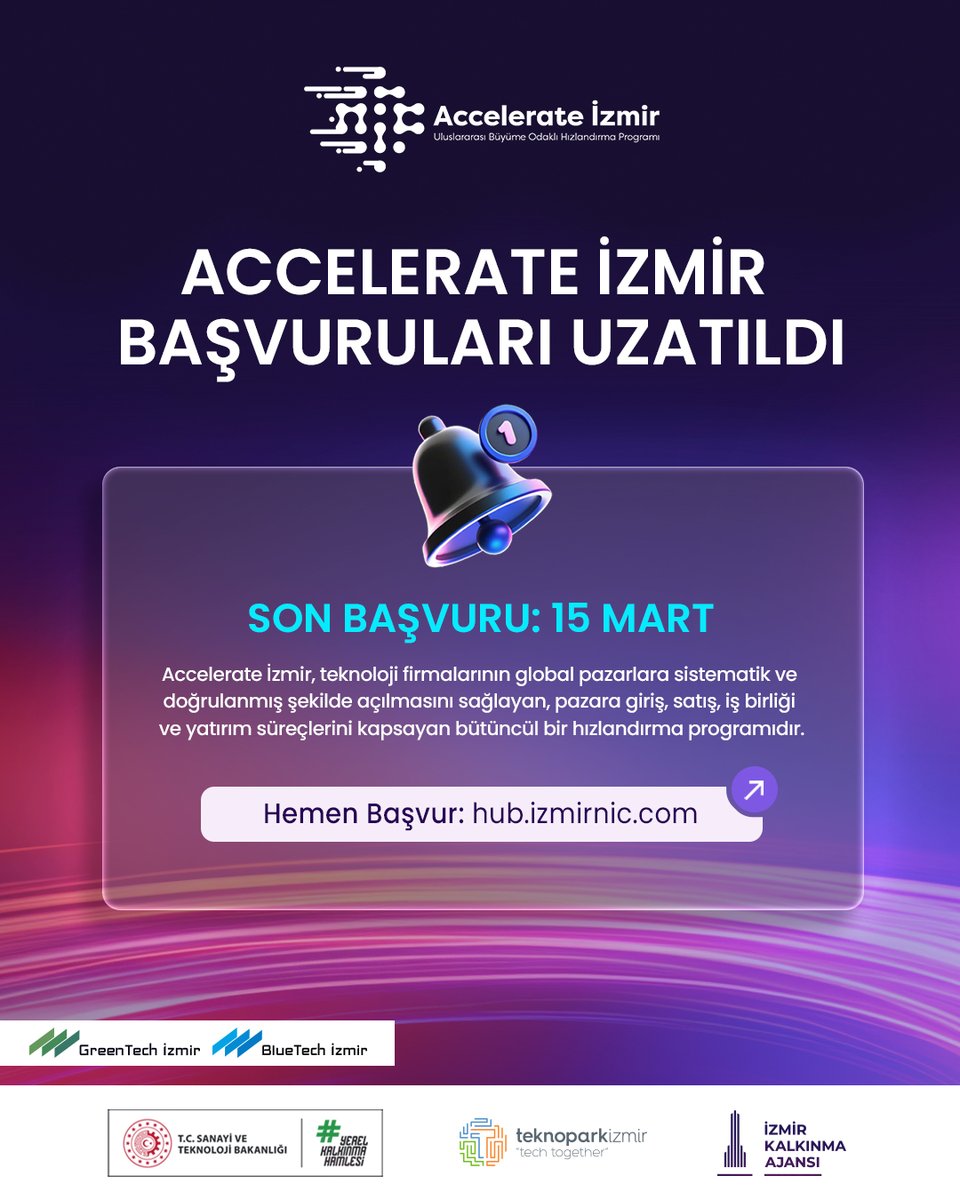 Accelerate İzmir 5. Dönem Başvuruları 15 Mart’a Uzatıldı!

Gelen talepler üzerine Accelerate İzmir 5. Dönem başvuruları 15 Mart 2026 tarihine kadar uzatıldı.

👉 Başvurunu tamamlamak için son fırsat.
Başvuru İçin: hub.izmirnic.com