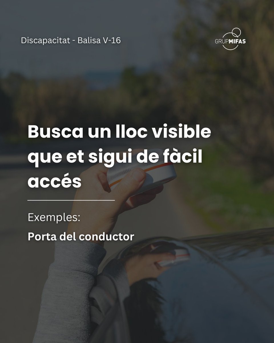 GrupMifas's tweet image. La @DGTes  Dirección General de Tráfico aclareix l’ús de la balisa #V16 per a les persones conductores amb #discapacitat.

Si no es pot posar al sostre del vehicle, es pot situar en un punt altre punt #accessible i visible.

Llegeix-ne més:  mifas.cat/ca/noticies/la…