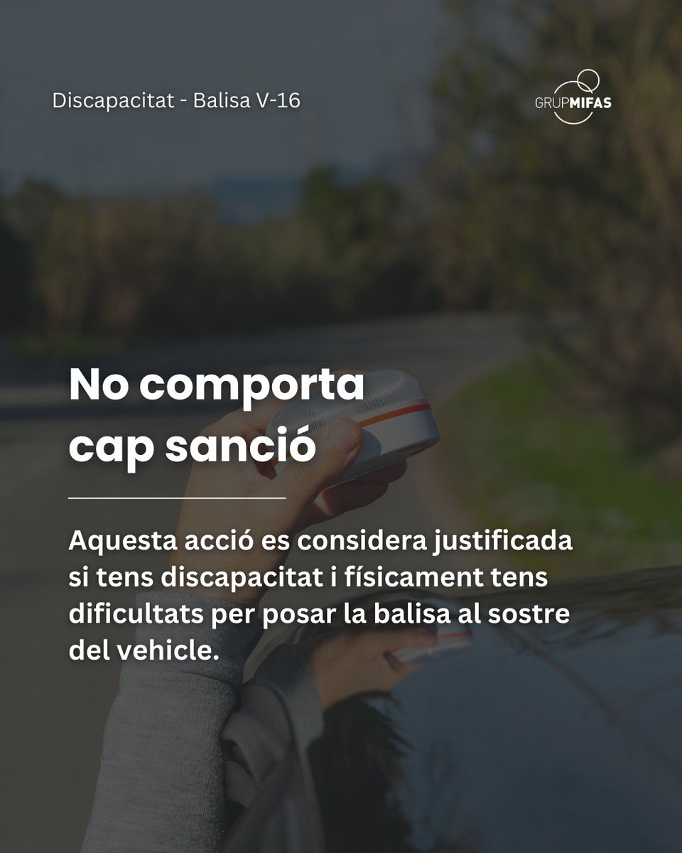 GrupMifas's tweet image. La @DGTes  Dirección General de Tráfico aclareix l’ús de la balisa #V16 per a les persones conductores amb #discapacitat.

Si no es pot posar al sostre del vehicle, es pot situar en un punt altre punt #accessible i visible.

Llegeix-ne més:  mifas.cat/ca/noticies/la…
