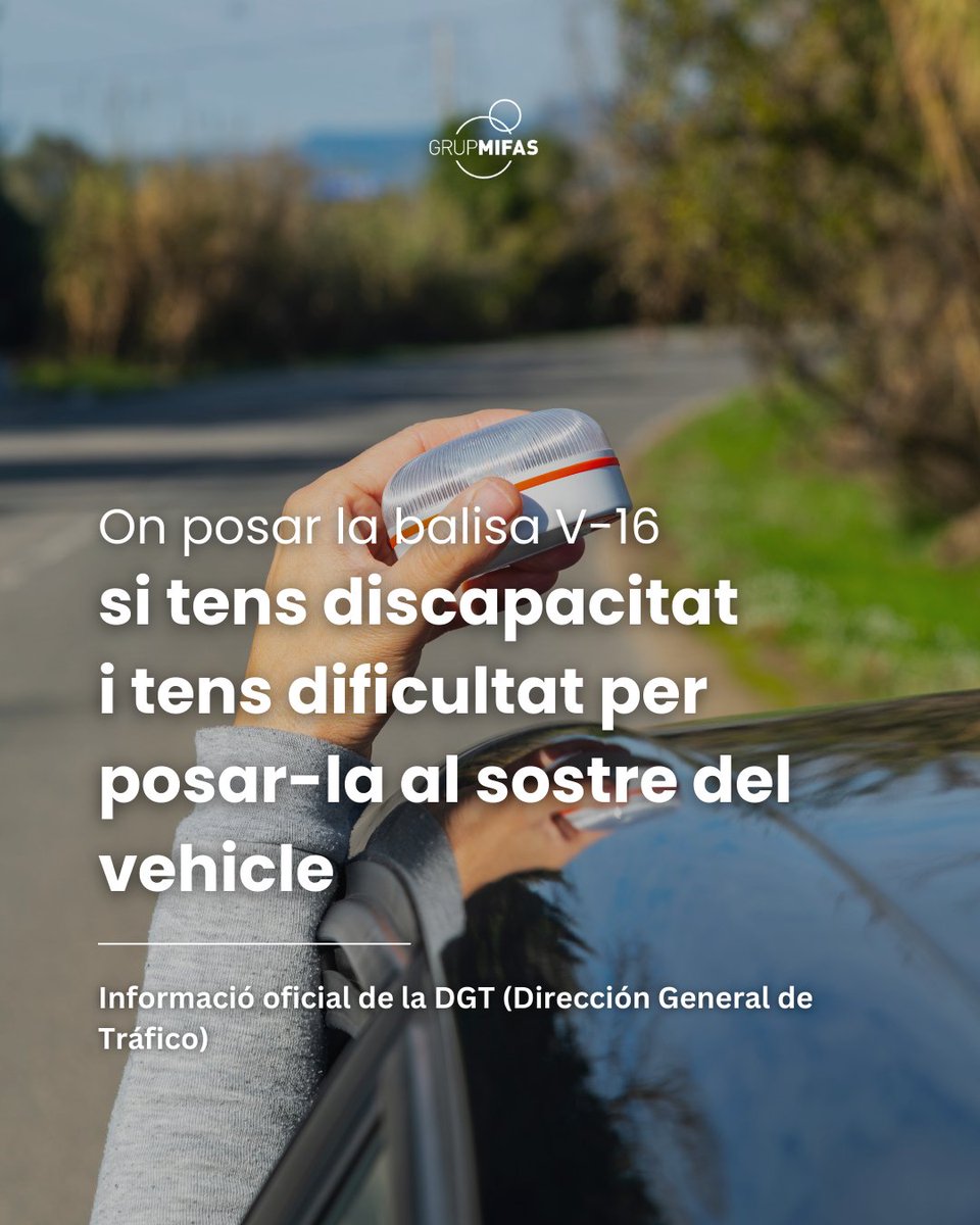 GrupMifas's tweet image. La @DGTes  Dirección General de Tráfico aclareix l’ús de la balisa #V16 per a les persones conductores amb #discapacitat.

Si no es pot posar al sostre del vehicle, es pot situar en un punt altre punt #accessible i visible.

Llegeix-ne més:  mifas.cat/ca/noticies/la…