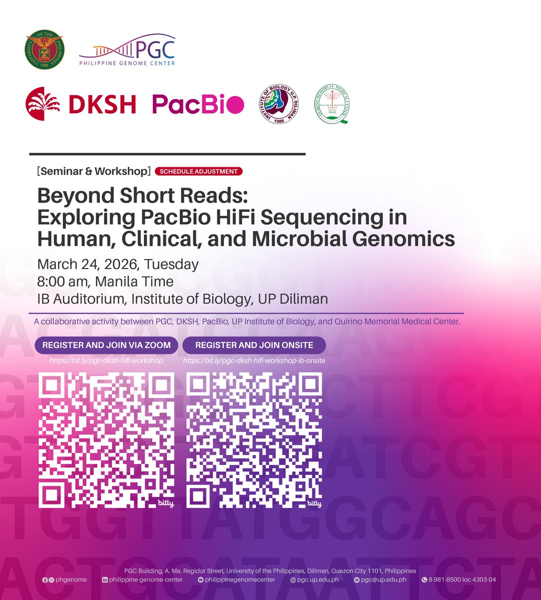 phgenome's tweet photo. 📢[EVENT UPDATE] “Beyond Short Reads: Exploring PacBio HiFi Sequencing in Human, Clinical, and Microbial Genomics”—we are excited to announce that to accommodate more participants, the activity has been moved to 📅 March 24, 2026.✨ https://t.co/rjq76As77P