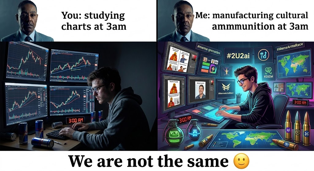 2u2ai's tweet photo. You: studying charts at 3am

Me: manufacturing cultural ammunition at 3am

We are not the same 🫡
#2U2ai #MemeArmsRace https://t.co/eM1nYkRn8K