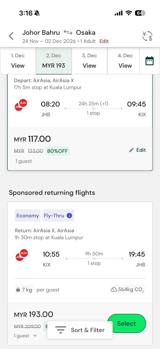 AirAsia sedekah tiket flight 🤣😆

JB - Osaka - JB 
RM310‼️

Kalau nak lagi murah, cuba beli berasingan!