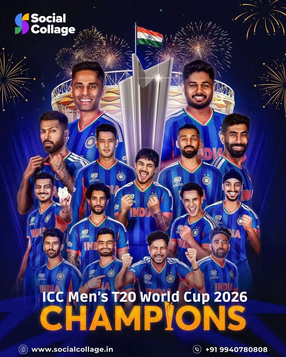 SocialCollage1's tweet photo. Champions of the world! 🏆🇮🇳
Team India conquers the ICC Men’s T20 World Cup 2026 with passion, power, and pride.

A victory that will be remembered forever! 💙🔥

#T20WorldCup2026 #TeamIndia #SocialCollage #Champions #IndianCricket #CricketVictory #BleedBlue #WorldCupChampions https://t.co/CCZNskF60a