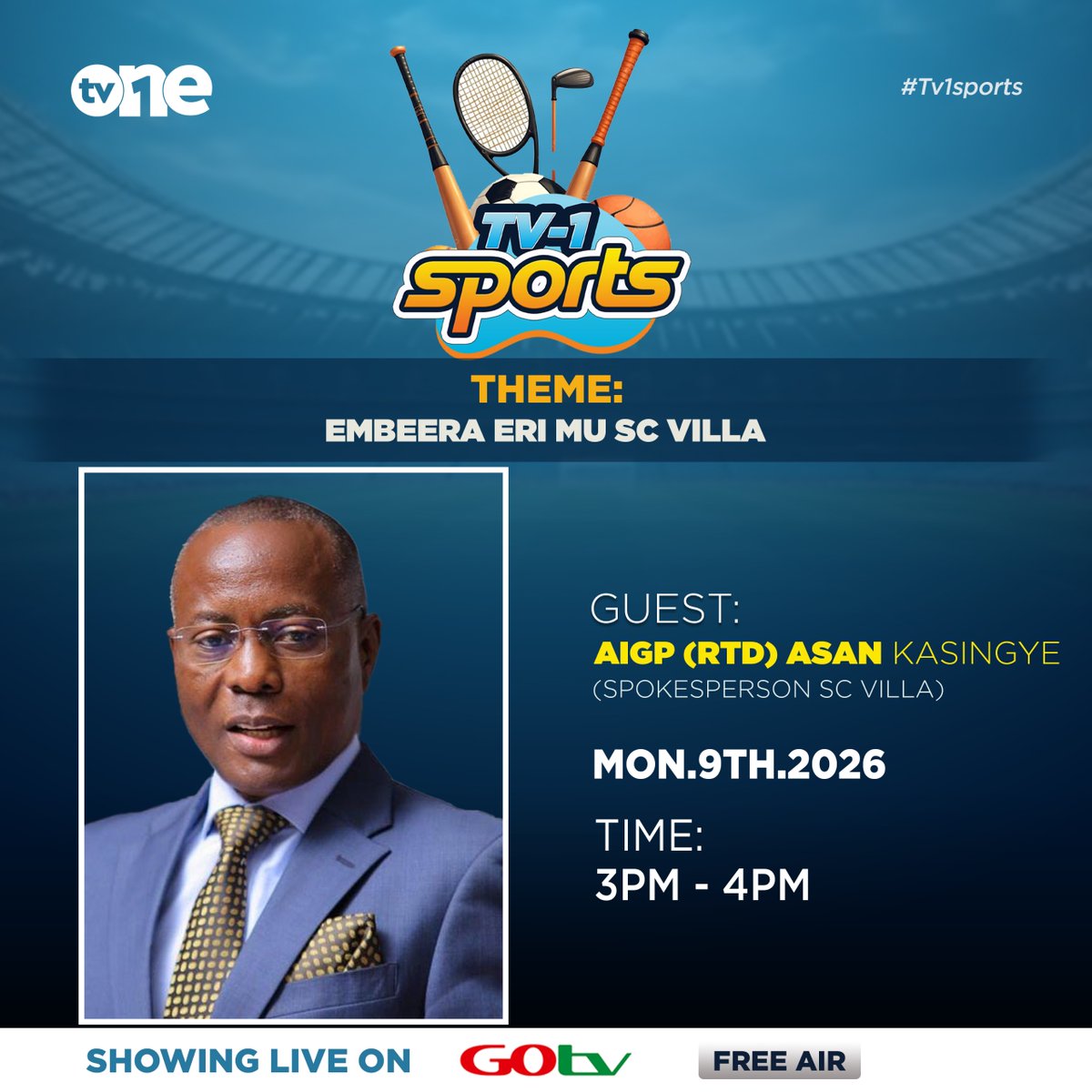 Tv1uganda's tweet photo. Tvone Sports Today Guest; AIGP (RTD) Asan Kasingye
(Spokesperson SC Villa)
#Tvonesports https://t.co/oeDvFEWFws
