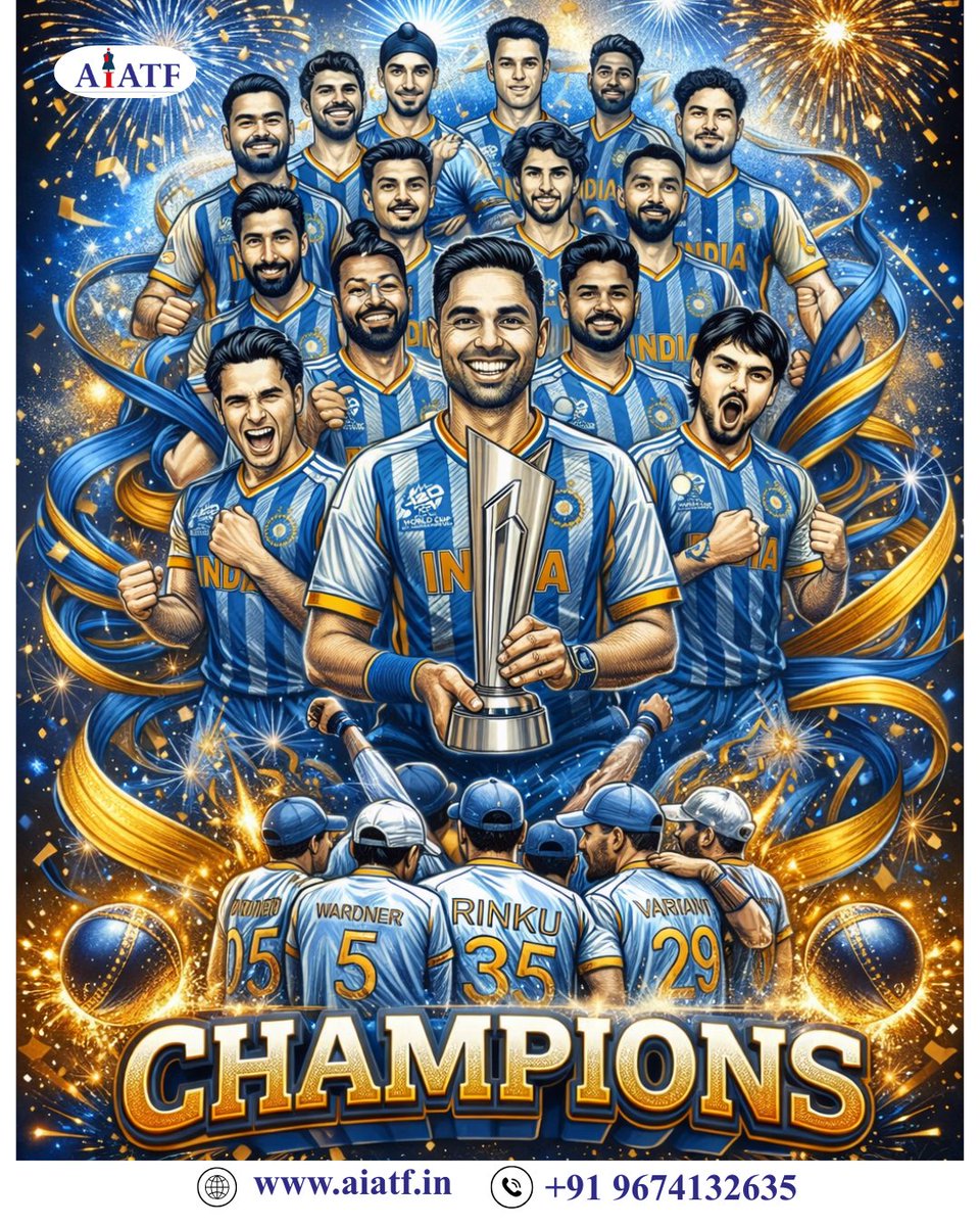 AIATF360243's tweet photo. Champions of the world! 🇮🇳🏆
The India national cricket team conquers the ICC Men's T20 World Cup with passion, unity, and unstoppable spirit.A proud moment for every Indian. 💙#TeamIndia #Champions #T20WorldCup #IndiaWins #BleedBlue #ProudMoment #CricketVictory 🇮🇳🏏 https://t.co/dLLOrsQV9S