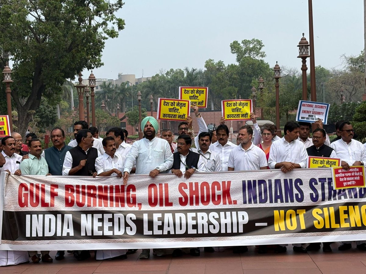 Led by LOP Sh. <a href="/RahulGandhi/">Rahul Gandhi</a> ji, INDIA Bloc MPs protested in the Parliament complex against the Compromised PM’s complete silence on the Gulf War. 

Ordinary Indians will suffer due to surging energy costs - already seen with the hike in LPG cylinder rates - and those in the Gulf