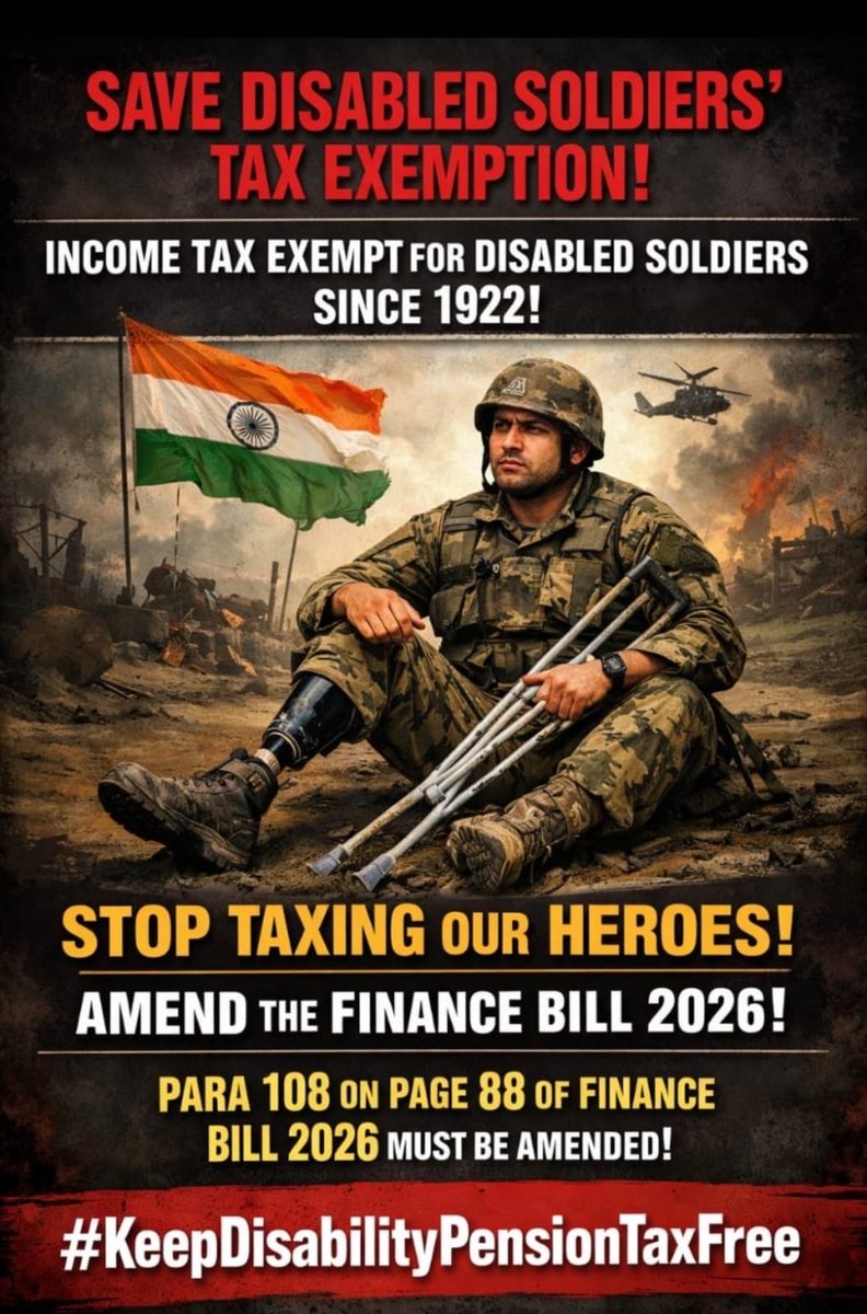 <a href="/nehanagarr/">Neha Nagar</a> #KeepDisabilityPensionTaxFree Respected Mam,leave aside the salaried employees. Here the govt has brought in legislation to tax the disability pension of soldiers in the Finance Bill 2026. What a travesty of justice it is.