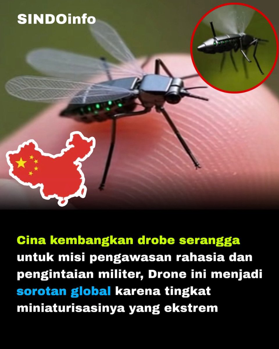 sindoinfo's tweet photo. Cina kembangkan drobe serangga untuk misi pengawasan rahasia dan pengintaian militer, Drone ini menjadi sorotan global karena tingkat miniaturisasinya yang ekstrem

China telah mengumumkan pengembangan drone berukuran sangat kecil, mirip lalat atau nyamuk (mosquito-sized drone), yang dirancang khusus untuk misi pengawasan rahasia dan pengintaian militer. Pengumuman ini dilakukan sekitar Juni 2025 oleh National University of Defense Technology (NUDT) di provinsi Hunan, China, dan ditampilkan dalam siaran televisi militer CCTV-7. Drone ini menjadi sorotan global karena tingkat miniaturisasinya yang ekstrem dan kemampuan stealth yang luar biasa.

Drone ini mengadopsi pendekatan biomimikri, meniru bentuk dan gerakan serangga asli seperti nyamuk. Ukurannya hanya sekitar 1–2 cm panjang, dengan lebar sayap sekitar 3 cm, dan berat kurang dari 0,3 gram (bahkan ada varian di bawah 0,2 gram). Ia memiliki dua sayap berbentuk daun transparan yang mengepak hingga 500 kali per detik, tubuh hitam ramping, serta tiga kaki tipis seperti rambut yang memungkinkan mendarat atau bertengger di permukaan tanpa terlihat. Material super ringan dan non-logam membuatnya hampir tak terdeteksi radar konvensional, sementara penerbangan tidak beraturan (erratic) dan senyap meniru serangga sungguhan.

Dilengkapi mikroelektronik canggih, drone ini membawa kamera ultra-mini, mikrofon, serta sensor untuk merekam gambar, suara, dan sinyal elektronik, lalu mengirimkan data secara real-time. Desain ini memungkinkannya menyusup ke ruang sempit, area urban padat, ruangan dalam, gedung, atau zona terjaga ketat, di mana drone biasa sulit beroperasi. Beberapa varian bahkan diklaim bisa dikendalikan via smartphone.

Drone ini sangat cocok untuk pengintaian informasi di medan perang, operasi khusus, dan surveillance stealth, mengubah konsep pengawasan dari “mata di langit” menjadi “mata seperti serangga” yang sulit dilawan. Meski masih prototipe dengan keterbatasan seperti durasi terbang pendek akibat baterai mini, kemajuan ini menimbulkan kekhawatiran internasional terkait privasi, potensi spionase massal, dan etika penggunaan di masa depan.