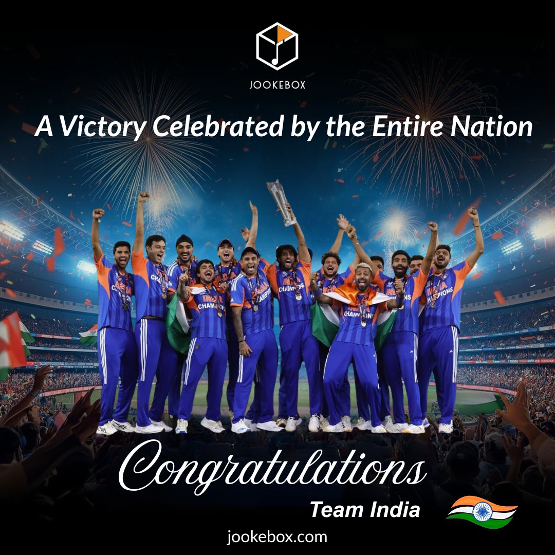 JookeBoxIndia's tweet photo. The Nation Salutes Its Champions 🇮🇳
#ChampionsTrophy #TeamIndiaWins #T20WorldCupFinal #jookebox #congratulationsteamindia🇮🇳 https://t.co/CGta0s8wpR
