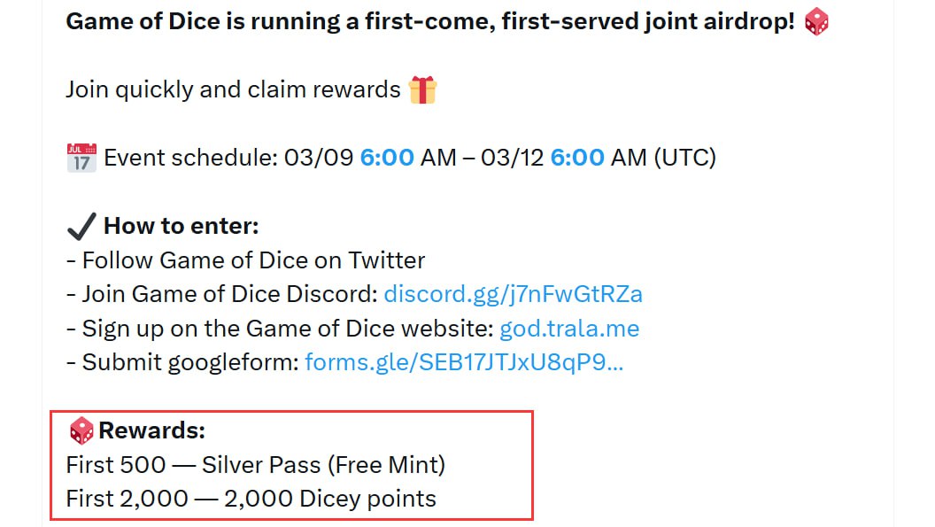 Airdrop6_com's tweet photo. New #airdrop: Game of Dice (Only For FCFS 2,000)
Reward: Points & Token (Confirmed)
News: Immutable, Arbitrum
Distribution date: After TGE

🔗Airdrop Link: https://t.co/K6QlLQJhiD

1: 2,000 FCFS eligible users will each received 2,000 Dicey Points
2: Also dicey points will be convertible to GoD tokens during TGE