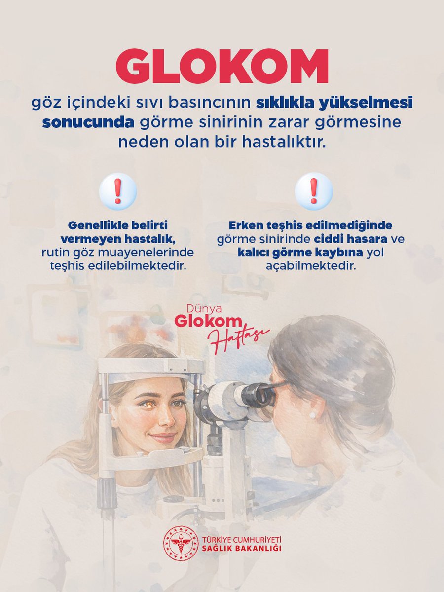 Glokom, göz içindeki sıvı basıncının sıklıkla yükselmesi sonucunda görme sinirinin zarar görmesine neden olan bir hastalıktır.

#DünyaGlokomHaftası