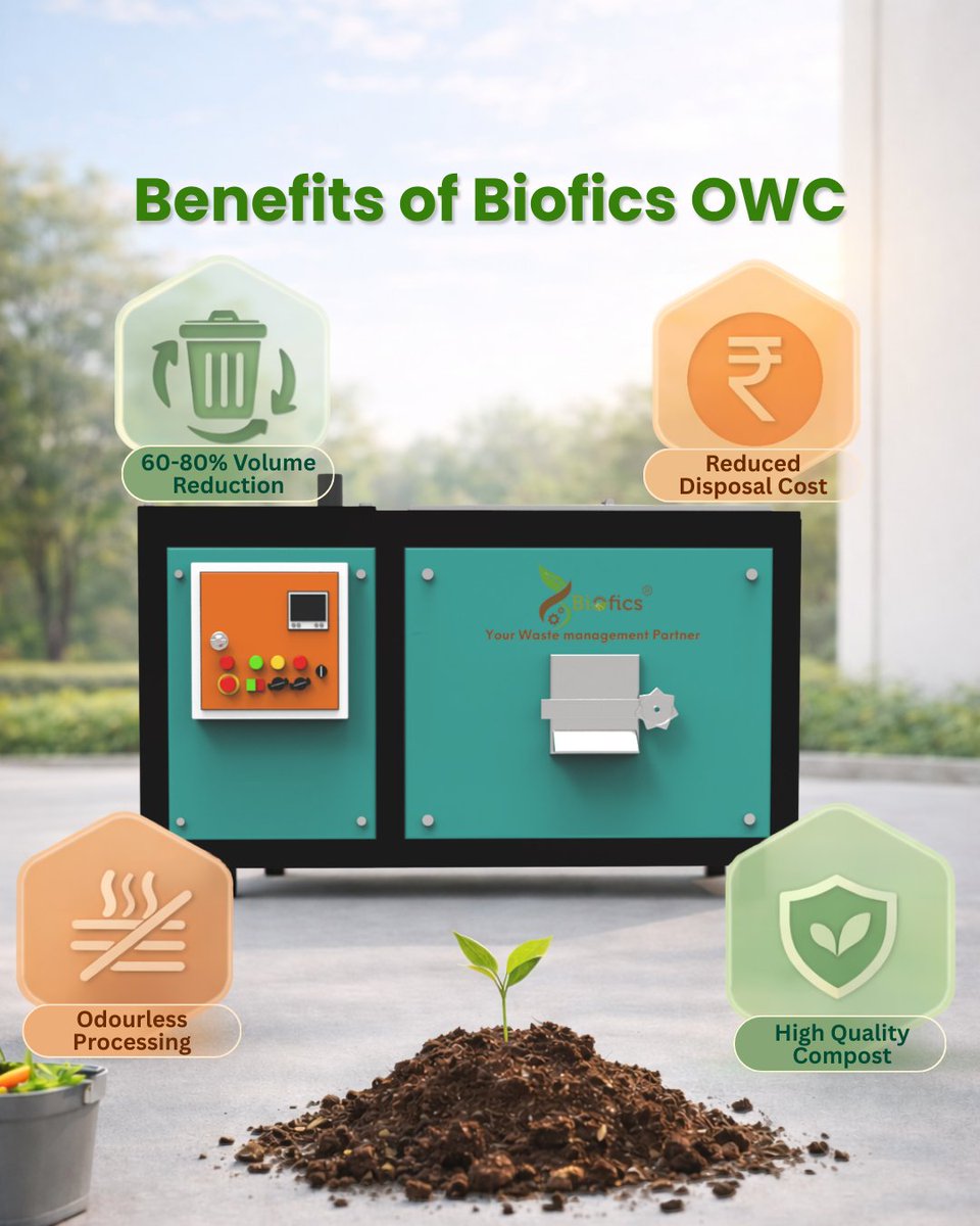 bioficspvtltd's tweet photo. Organic waste doesn’t have to end up in landfills. ♻️
With OWC Machines by Biofics, organic waste can be processed at the source and converted into valuable compost, reducing waste volume, lowering disposal costs, and supporting sustainable waste management.
#biofics #owc https://t.co/NI6OwmVUzU