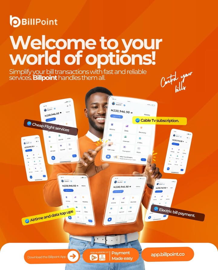 Billpointafrica's tweet photo. Imagine still stressing over manual payments in 2026... couldn't be me. 🙅‍♂️💸

Billpoint with all options, you've got the vision. 
Consider your to-do list officially cleared. 

#Billpayment #Airtimeanddata #BillpointApp #Travelsandtours #Cheapflight https://t.co/V7bcA0157x
